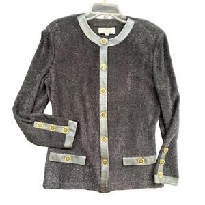 St John Collection Women's Metallic Gray Platinum Leather Trim Evening Jacket
